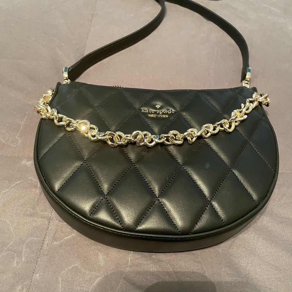 Kate Spade Carey Zip Top Black and Gold Quilted Crossbody Bag
